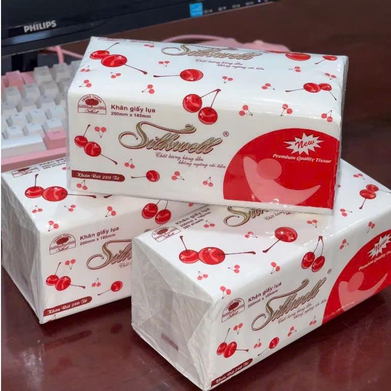 Combo 10 gói khăn giấy rút lụa Silkwell Cherry 280 tờ 3 lớp KIVA giấy ăn cao cấp Silkwell mềm mịn siêu dai