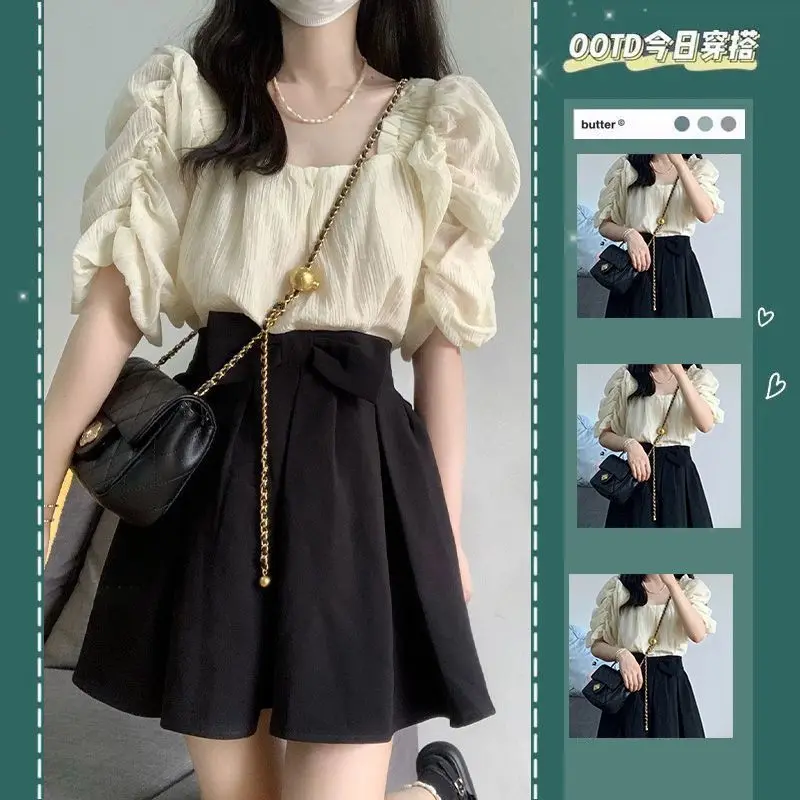 Bộ Đồ Mùa Hè Cho Nữ, Cỡ Nhỏ Phong Cách Pháp, Áo Sơ Mi ngắn Tay Phồng, Váy Xếp Ly Sữa, Bộ Hai Mảnh, Dễ Thương, Trông Trẻ Trung Women Top Tre yếm  tết set  đồ set  đồ  girl  phố 2
