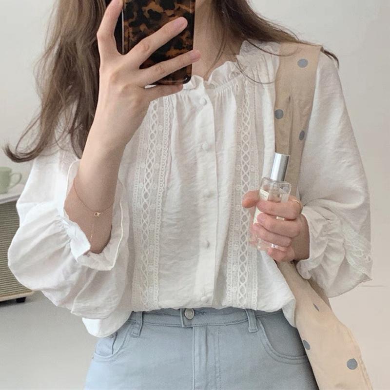 Áo sơ mi cổ bèo phối ren bên tiểu thư xinh xắn Nữ Women Top Shirt