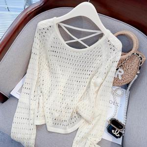 เสื้อสเวตเตอร์ สไตล์เกาหลี ฤดูร้อน 2023 มาใหม่ ดีไซน์ไขว้หลังและกลวงออก แขนยาว สำหรับผู้หญิง ทรงหลวมและกระชับสัดส่วน เสื้อสม็อคป้องกันแสงแดด Clothing Lady Women