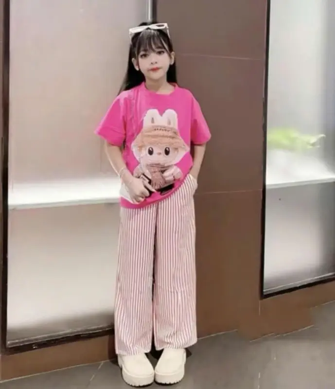 Bộ Áo Thun Quần Kẻ Sọc LABUBU Cho Bé Gái Siêu Xinh Xắn Size 13-44 kg Mát Mẻ bộ đồ bộ quà tặng 3