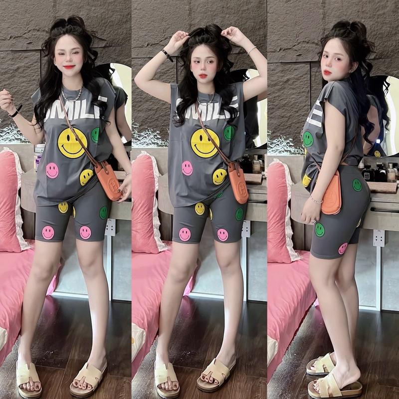 SÉT BỘ NGỐ ÁO THUN COTTON BA LỖ in hình (mc smile) phối quần ngố thun cotton in hình (mc) nữ mặc nhà đi chơi- Tuhaodobo Women Top 4