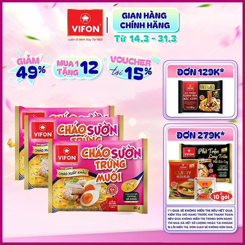 Set 3 Gói Cháo Sườn Trứng Muối/ Cháo Tôm Nấm VIFON 80g/Gói - Có gói Thịt Thật