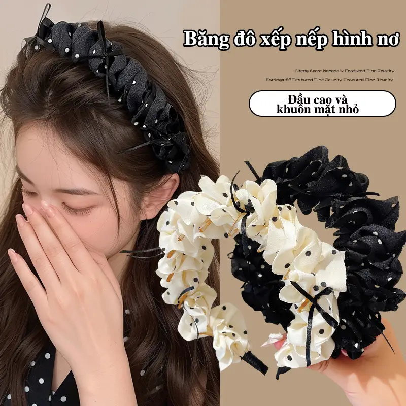 Băng đô nơ chấm bi màu be mới năm 2026 dành cho nữ, kẹp tóc kiểu công chúa, băng đô xếp ly cổ điển, phụ kiện tóc dạng lược vương miện cao phổ biến.