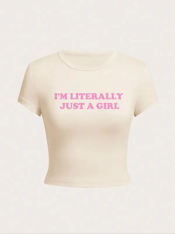 Women's Letter Print Round Neck Crop Tee, Vintage Trendy Casual Short Sleeve T-shirt for Daily Wear, Graphic Tees Women 4