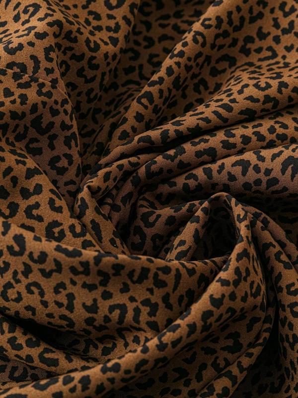Plus Size Leopard Print Flounce Sleeve Blouse, Elegant Round Neck Half Sleeve Top for Spring & Fall, Women's Plus Clothing for Daily Wear 5