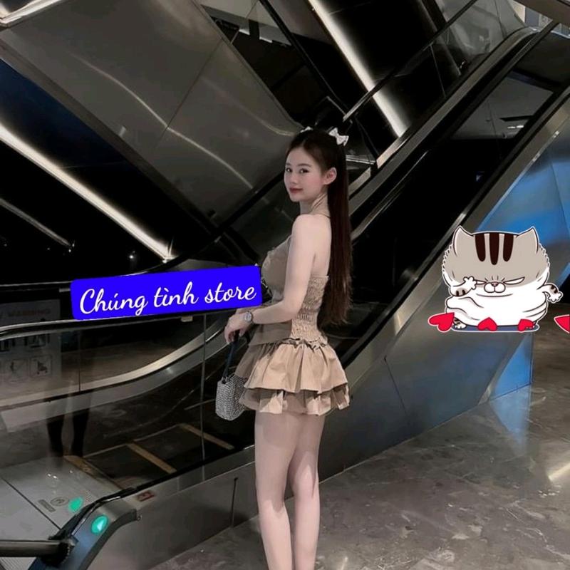 SÉT BỘ ÁO YẾM NƠ CHÂN VÁY XÒE TẦNG Nữ Voi 1