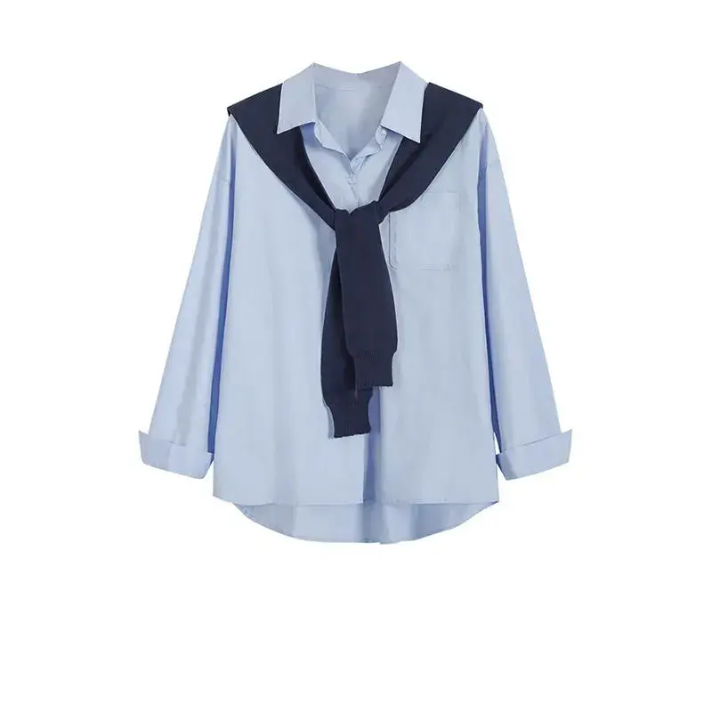 [Yzw] Áo sơ mi xanh biển nữ Hàn Quốc, khăn quàng cổ rời Women Top Shirt