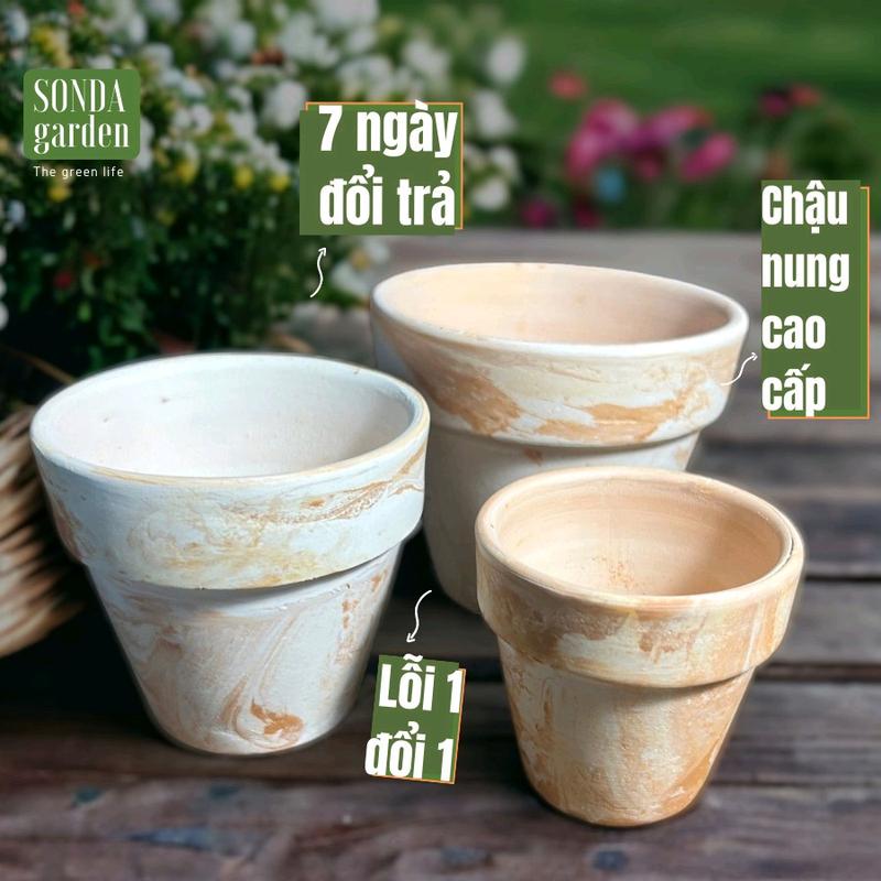 Chậu trắng vân nâu Sonda garden, lỗi 1 đổi 1, chậu sen đá đẹp.