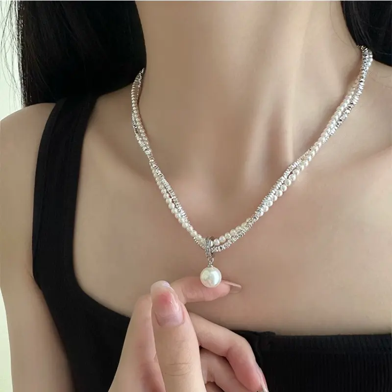 Vòng Cổ Ngọc Trai Bạc Hai Lớp, Thanh Lịch Ngọt Ngào Giá Cả Phải Chăng, Sang Trọng Cổ Điển Cao Cấp, Thời Trang, Dễ Phối Đồ, Phong Cách Phương Tây, Dây Chuyền Xương Đòn