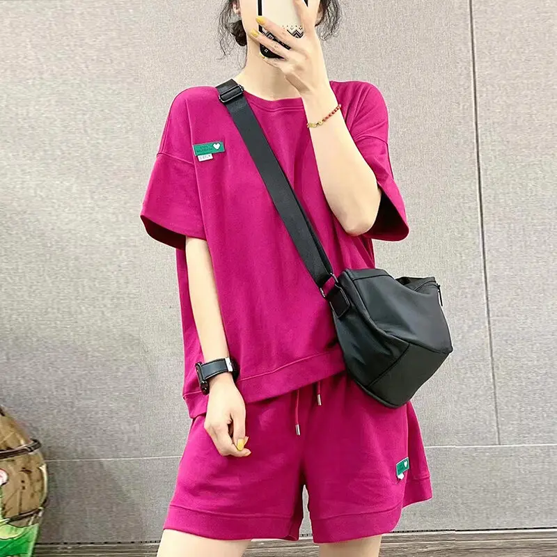 Casual Suit Women's Spring and Summer Korean Style Short Loose Sports Suit Fashionable Short Sleeve T-shirt and Shorts Two-Piece Set Womenswear Overalls