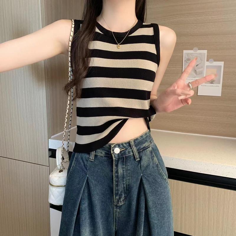 Quần Áo Nữ, Áo Vest Sọc Kiểu Pháp, Bộ Sưu Tập Mùa Hè Mới Thời Trang, Đồ Lót Ngầu Thường Ngày Áo Dệt Kim, Hợp Xu hướng, Phù Hợp Bên Trong, 2024 Top Women 6