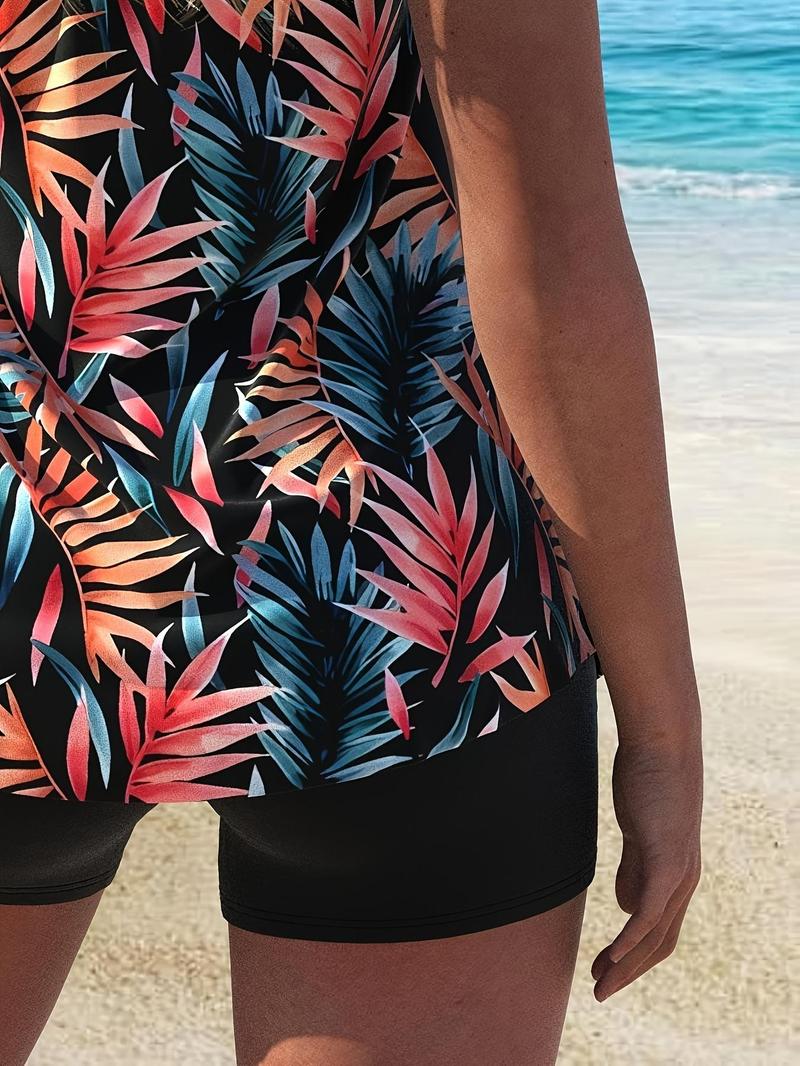 Product Introduction of 【Plus Size】 Leaf Print Tankini Set, Casual Sleeveless Swim Top & Swim Panty Two-piece Swimsuit for Beach Holiday Vacation, Women's Swimwear for All Seasons 5