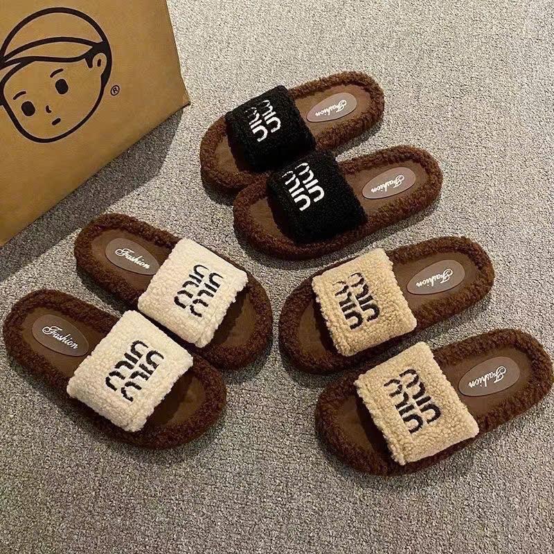 ￼Dép lông đế 3cm đi bên ngoài  thời trang Dép lông cừu chữ min mẫu mới 2024 nữ dép bông đi nhà mùa thu đông