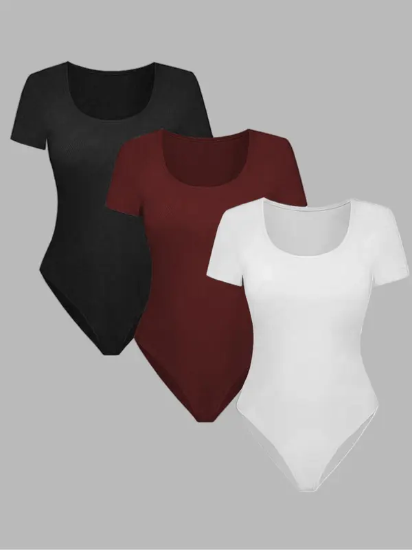 Women's Solid Color Bodysuit, Casual Comfy Breathable Short Sleeve Bodysuit for Summer, Ladies Clothes for Daily Wear 0