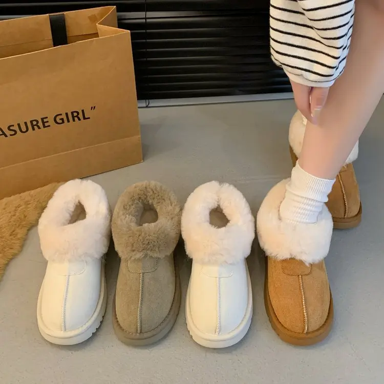 2024 Winter New Taster Platform Snow Boots Women's Fur Integrated Leather Thickened Non-Slip Short Low-Top Shoes