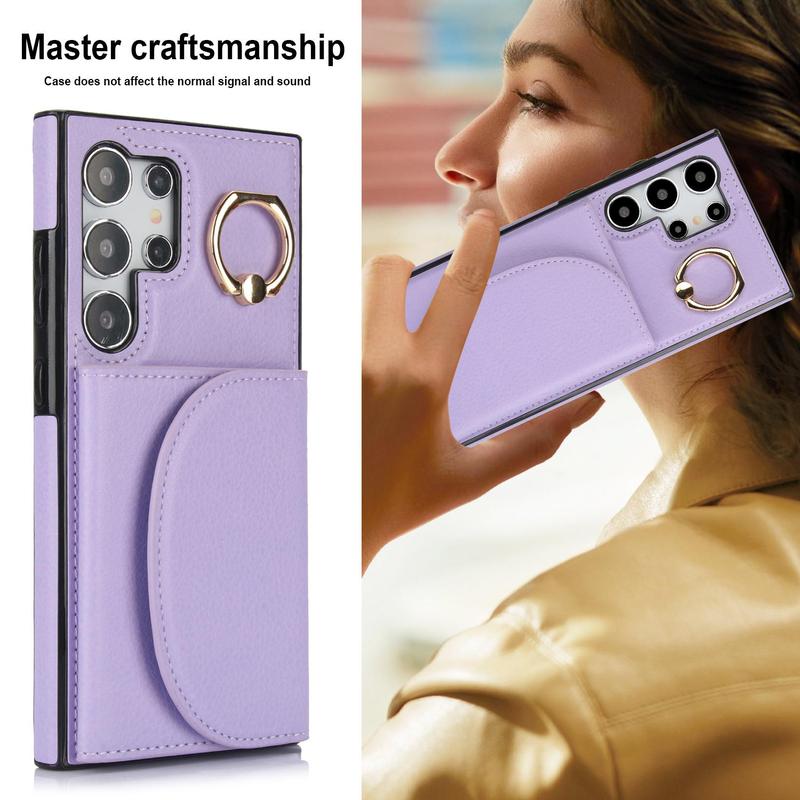 Product Introduction of Solid Color Phone Case with Finger Ring & Card Slot, 1 Count PU Leather Wallet Phone Protective Cover, Phone Accessory for Samsung Galaxy S24 S23 S22 S21 5