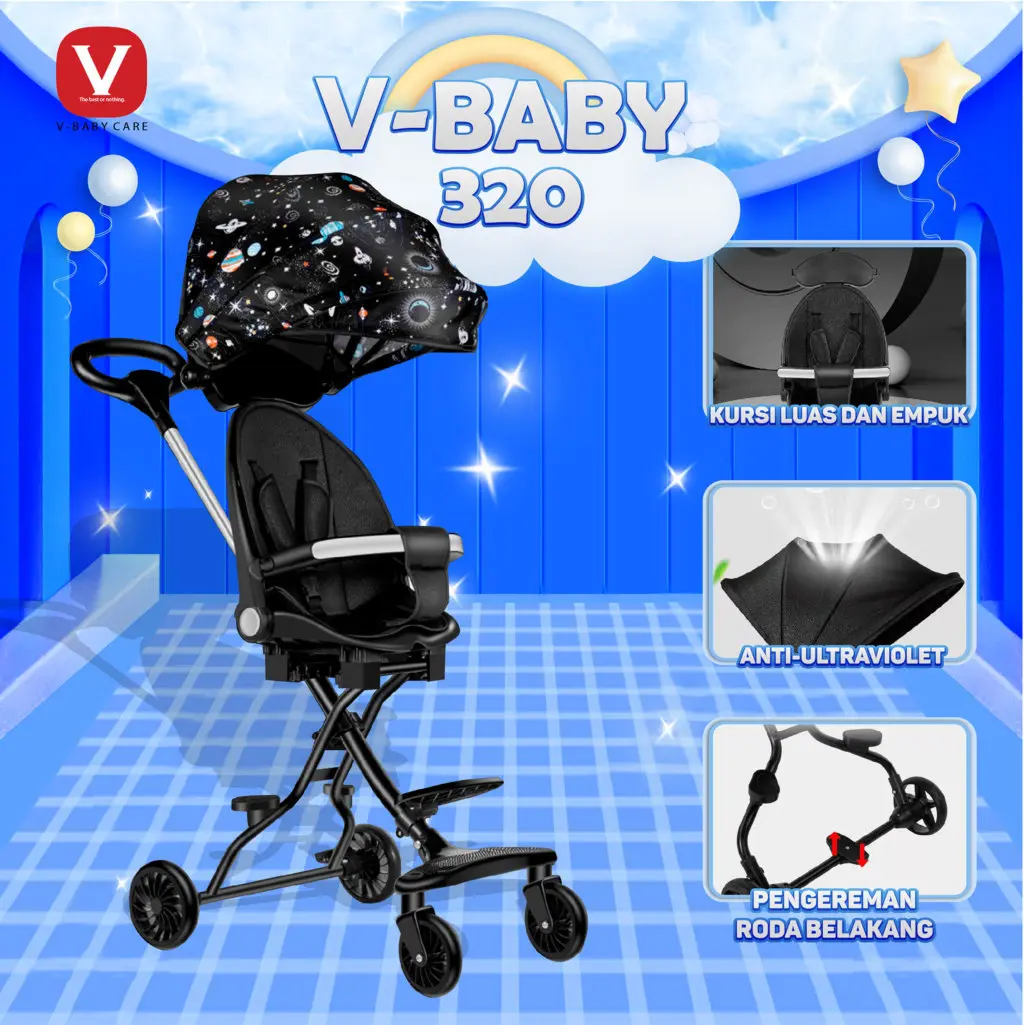 VBABY CARE Kereta Dorong Datar Berbaring Dapat Dilipat , Dua Arah, Stroller Tampilan Tinggi, VBABY-320