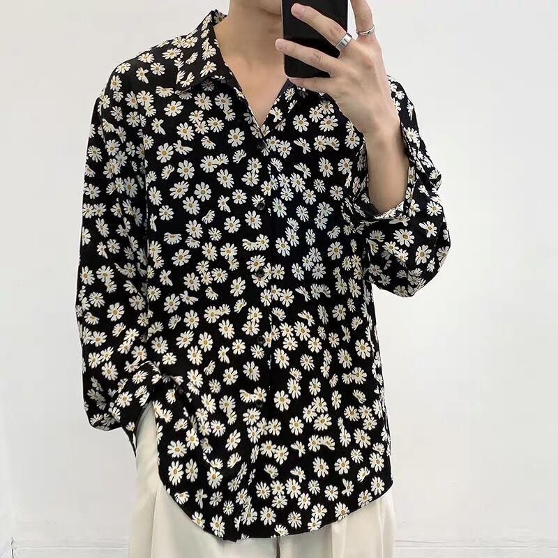 Áo Sơ Mi Nam Dài Tay In Hình Hoa Cúc Nhỏ, Phong Cách Hàn Quốc, Hợp Thời Trang, Dáng Rộng, Internet, Hoa Cúc Nóng Bỏng, Mùa Hè
