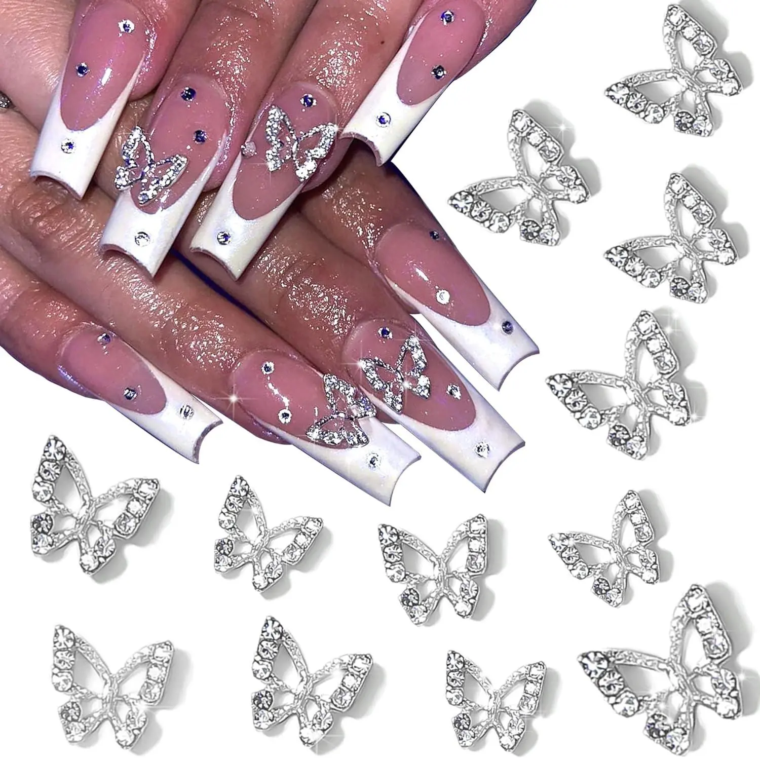 Rhinestone Butterfly Nail Art Decoration, 12pcs 3D Alloy Butterfly Nail Art Charm with Gems & Rhinestones, DIY Nail Art Supplies for Women Girls
