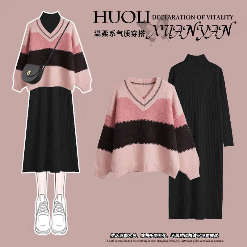Quần Áo Nữ Cỡ Lớn, Bộ Đồ Mùa Thu Và Mùa Đông, Phong Cách Nhẹ Nhàng Mới, Mặc Áo Len Dệt Kim, Váy Giảm Béo, Bộ Hai Mảnh 4