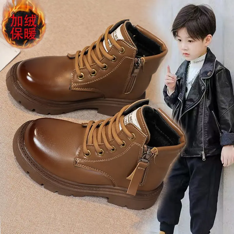 Boy's Shoes Martin Boots 2023 New Children's Boots Autumn Girls' Short Boots Baby Leather Boots Autumn and Winter Fleece-lined boots  9  10  girls