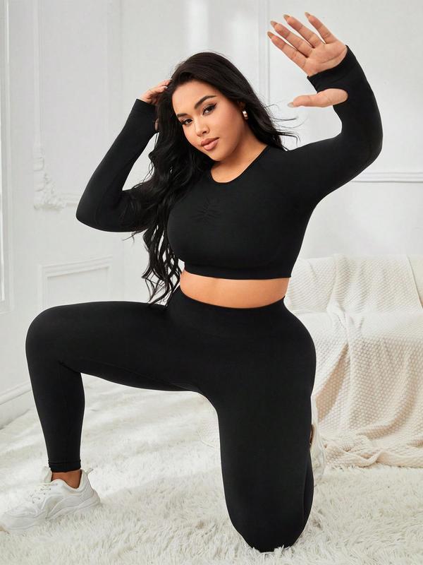 【Plus Size】 2pcs Solid Round Neck Crop Top & High Waist Leggings Tracksuit Set, Quick Drying Long Sleeve Crew Neck Top & Skinny Pants Two-piece Set, Women's Sportswear for Spring & Fall 4