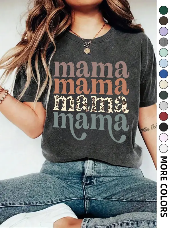 Women's "mama" Letter Print Round Neck Graphic Tee, Vintage Trendy Casual Drop Shoulder Half Sleeve T-shirt For Daily Wear, Ladies Summer Outfit 1