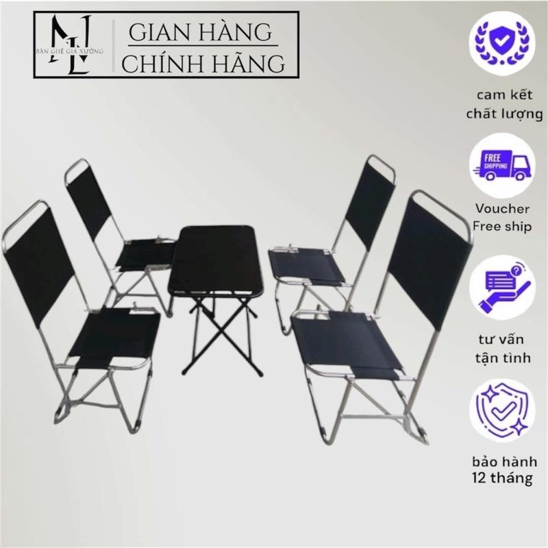 [1 Bàn 4 ghế] Combo 4 ghế inox lưng cao 88cm + 1 bàn nan lá đen, bộ bàn ghế xếp gấp gọn, bàn ghế cà phê