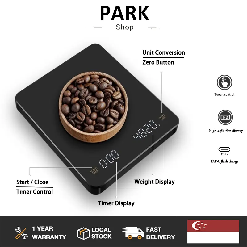 【【Sg In Stock】Coffee Scale Mini Kitchen Scale LED Display Electronic Timer 3kg/0.1g Precision Weighing USB