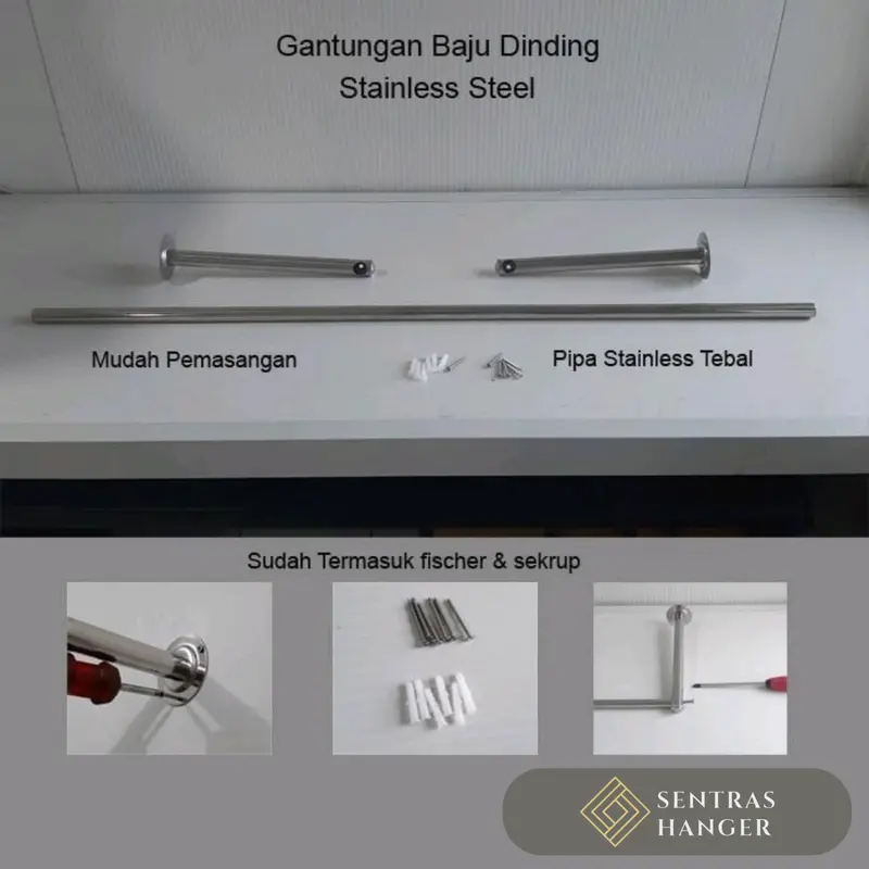 Gantungan Baju Klasik Stainless Steel 125 cm, 1 Baris Tempel Dinding Anti Karat Hanger 3