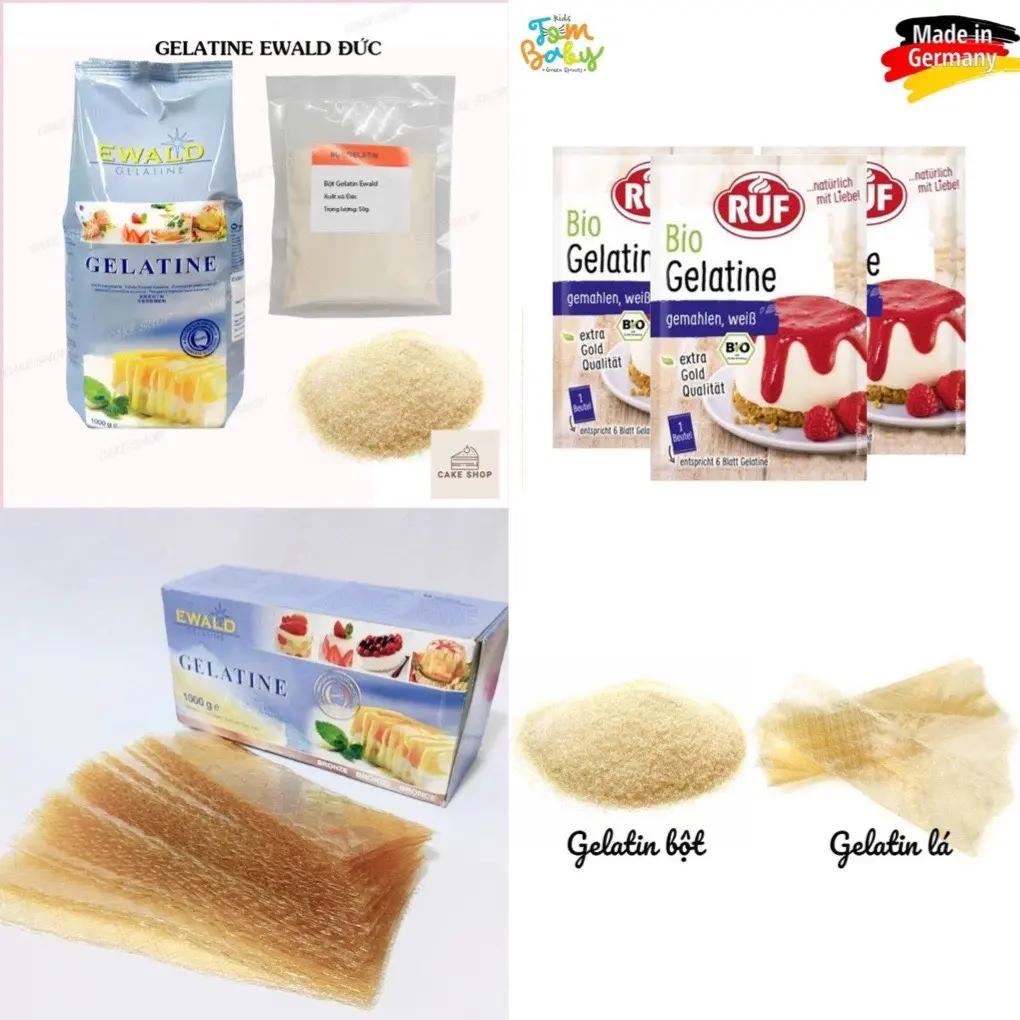Bột Gelatine Hữu Cơ Ruf, Geltine Ewald Đức làm đông thạch, pudding, bánh mousse, kẹo dẻo chip, panna cotta, Lá Gelatine
