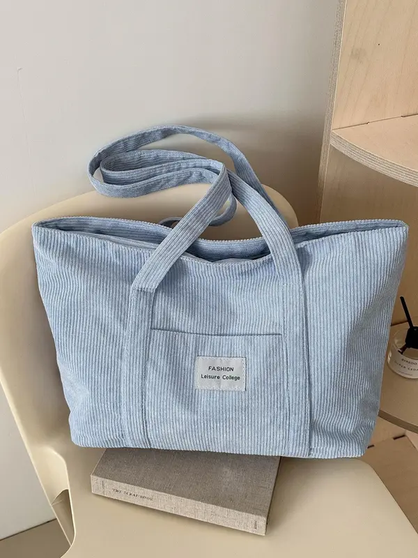 Solid Color Corduroy Tote Bags for Women, Gifts for Girlfriend, Fashionable Letter Label Decor Shoulder Bags for Work Office, Girls Large Capacity Shopping Bag, Handbags for Women, Handbags for School, Wife Up Work Bag, Travel Accessories 7