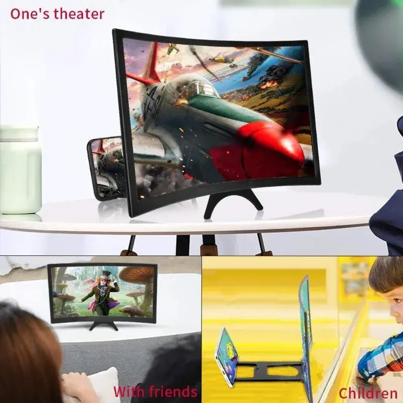 Kính lúp màn hình điện thoại, 12 inch, 3D HD, kính lúp màn hình phim, với thiết kế bề mặt cong, chân đế điện thoại 5