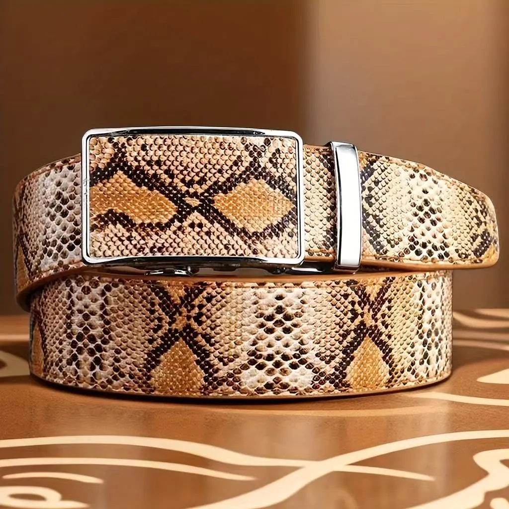Snakeskin Automatic Buckle Leather Belt, Cowhide Fashion Business Belt For Men, Ideal choice for Gifts