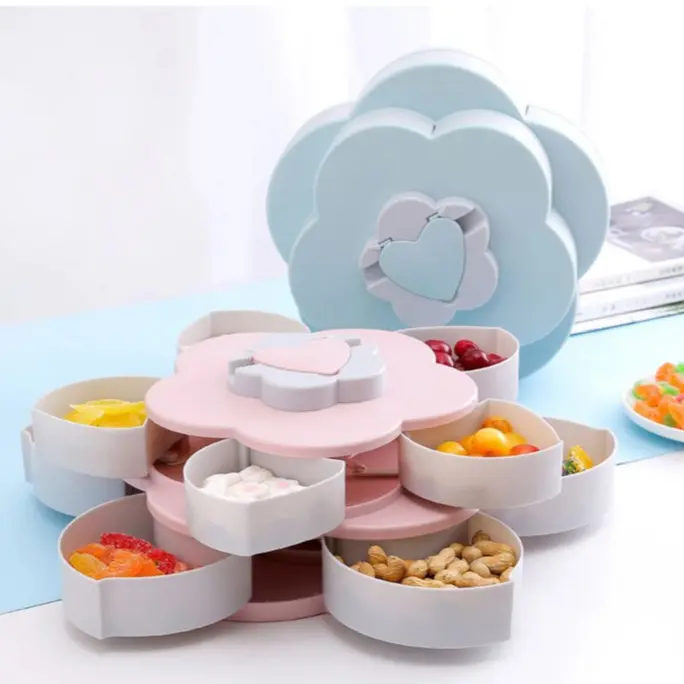 Khay Mứt Tết 2 Tầng Xoay 360 Độ Nhựa Cao Cấp, Hộp Đựng Mứt Bánh Kẹo Tết Hình Hoa 10 Cánh