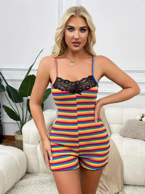 Women's Rainbow Stripe Pattern Bow Decor Contrast Lace Romper, Casual Sleeveless Romper for Summer, Fashion Women's Clothing for Daily Wear 4