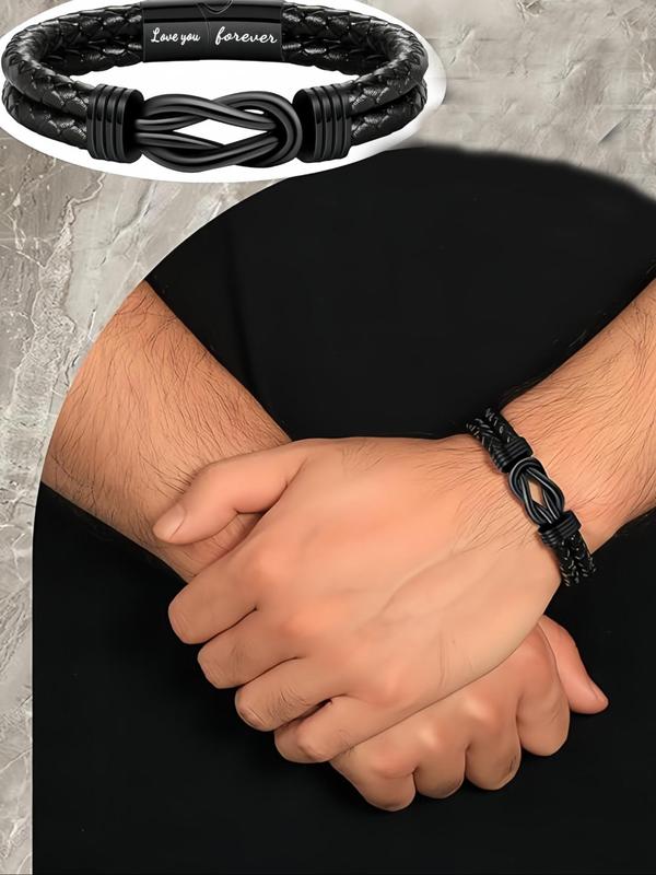 Men's Simple Style Plain Color Braided Textured Synthetic Leather Bracelet with Letters Pattern, Casual Trendy Bracelet with Knot Design, Fashionable Accessories for Daily & Party Decoration, Christmas Gifts for Boyfriend 6