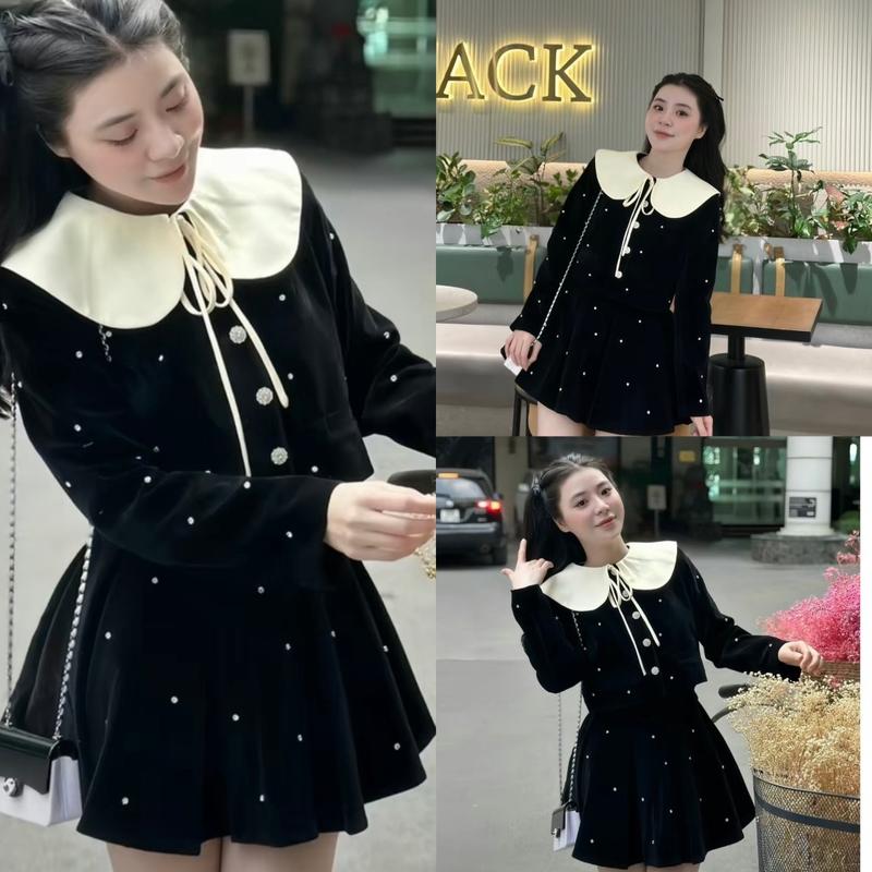 Set Nhung Cổ Sen Thắt Nơ Thiết Kế Đính Đá Chân Váy Dáng Xòe Có Quần Trong