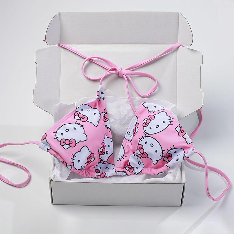 Áo Tắm Bikini, Kitty Cô Gái Dễ Thương, Phong Cách Tam Giác, Màu Hồng, Có Đệm Ngực Có Thể Tháo Rời Thích Hợp Cho Kỳ Nghỉ Bãi Biển, Đồ Bơi 3