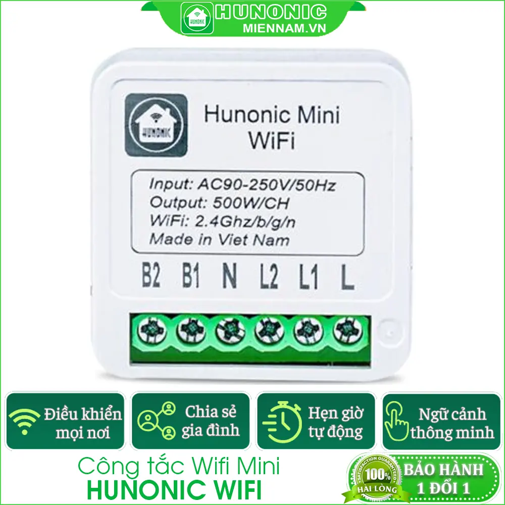 Công Tắc Thông Minh Wifi Hunonic Mini Điều Khiển Từ Xa Qua Điện Thoại, Hẹn Giờ Tự Động, Hàng Việt Nam.