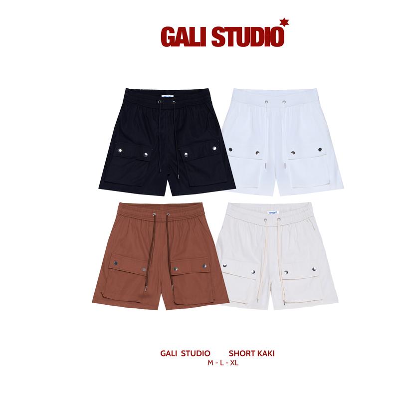 Quần kaki nam nữ túi hộp Gali Stu quần short nam kaki có 5 túi quần dây rút và cúc bấm không gỉ Menswear Có Túi Kem quần short quan short