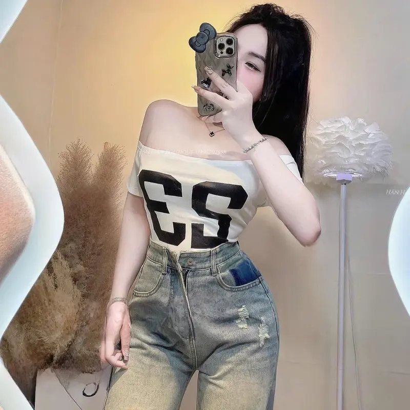 Áo bẹt vai tay ngắn thun bozip đủ màu in số 23 Women Nữ Top Shirt trễ vai aosang chanh 1