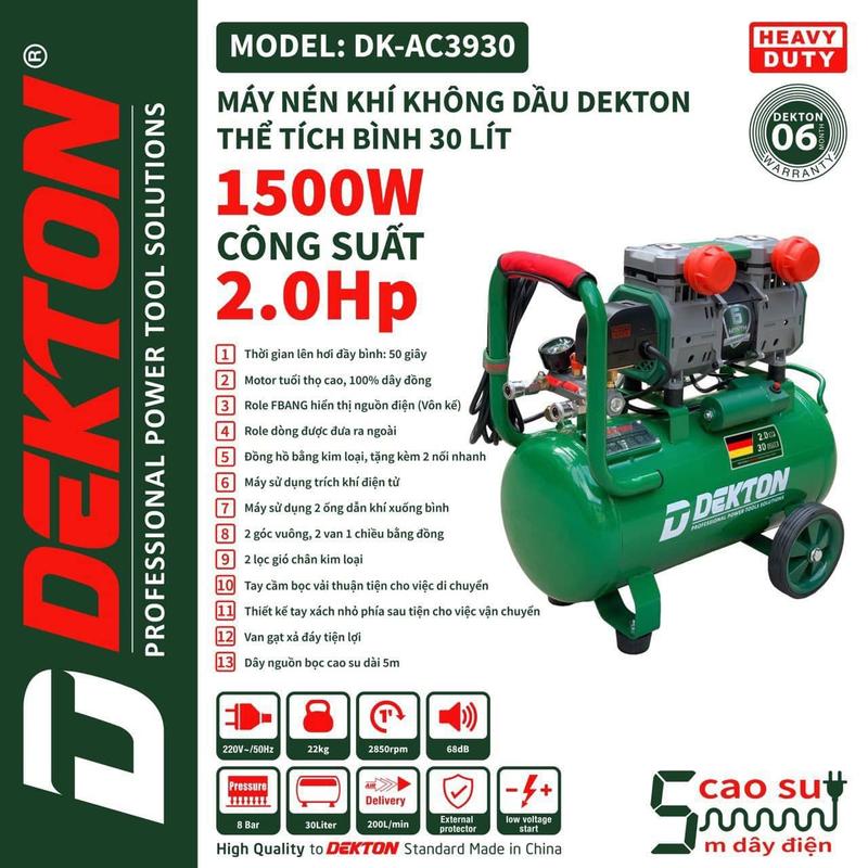 Máy Nén Khí Không Dầu DEKTON DK-AC3930 2.0HP 1500W - Bình Chứa 30L - Có Bánh Xe Chân Đế Cao Su - Lưu Lượng 200L/Phút