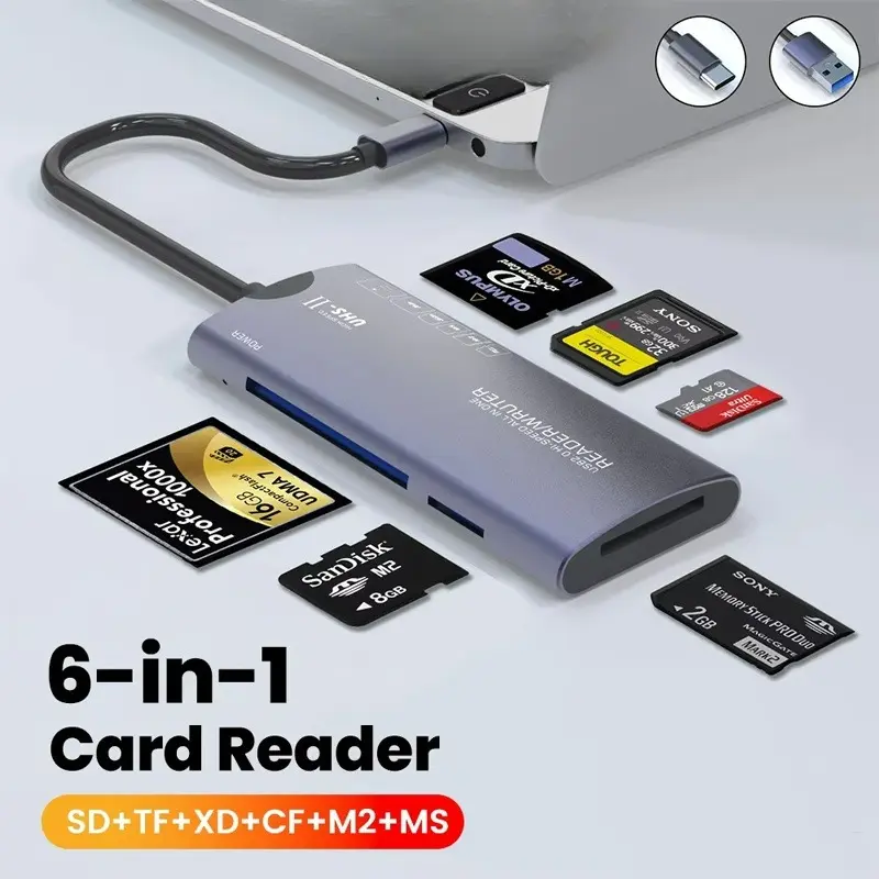 COD[พร้อมส่ง] แบบพกพา Card reader 6 in 1 อินเทอร์เฟซ Type-c/USB รองรับ ...