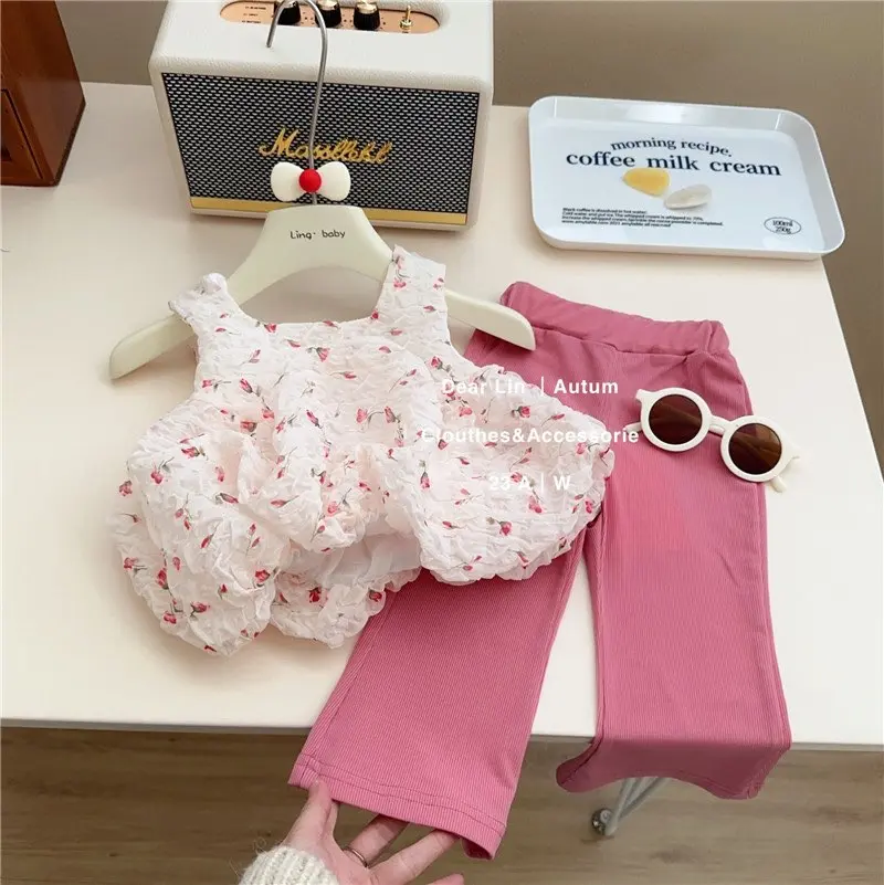 N07 Set bộ hoa in dập quần thun tăm cho bé gái 8-25kg