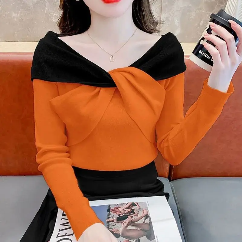 Áo Lớp Dệt Kim, Dành Cho Nữ, Thiết Kế Thắt Nơ, Khối Màu, Mùa Thu Và Mùa Đông Mới, Áo Độc Đáo Áo Len Trễ Vai Màu Tương Phản Siêu Đẹp, Quần Áo Nữ Top Women aolennu 4