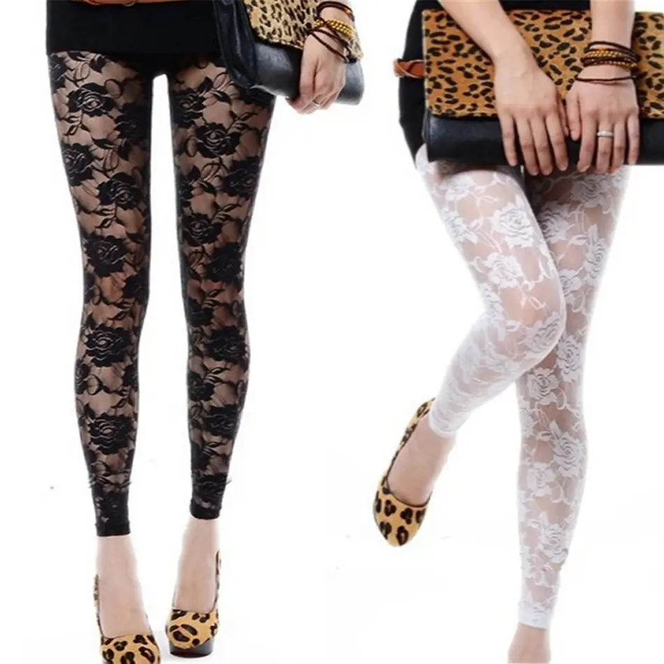 Women Summer Leggings, Solid Color Floral Lace Sheer Long Elastic Band High Waist Pants, Vintage Slim-Fit Wild Fashion Bottoms