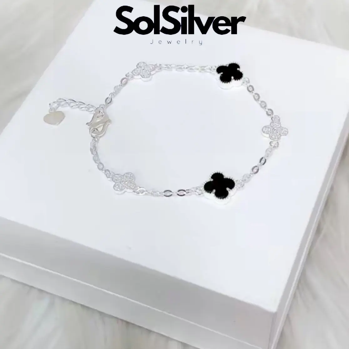 Lắc 4 lá đá may mắn đá xà cừ bạc nữ SolSilver