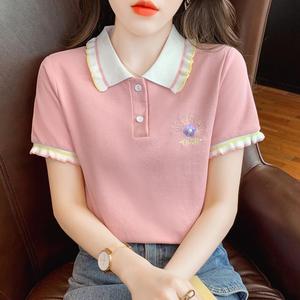 เสื้อยืดคอปกตุ๊กตา สไตล์ฤดูร้อน แขนสั้น ทรงหลวมและกระชับสัดส่วน แฟชั่น สไตล์เกาหลี ดีไซน์บล็อคสีและนัวเนีย เสื้ออินเทรนด์